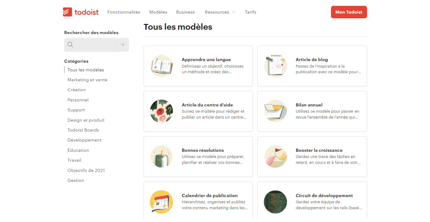 La galerie de templates de Todoist