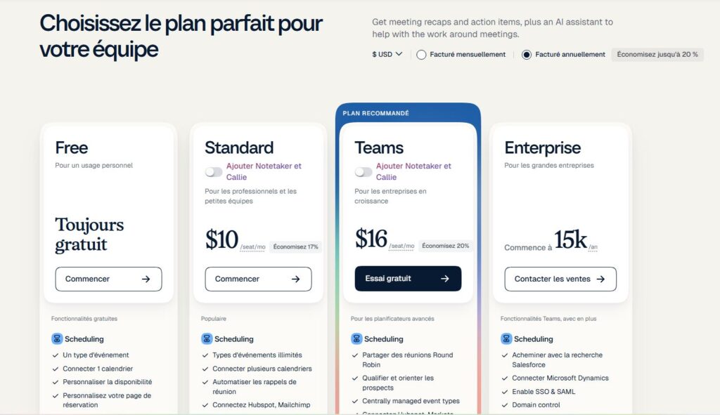 Tarifs abonnements de l'outil Calendly