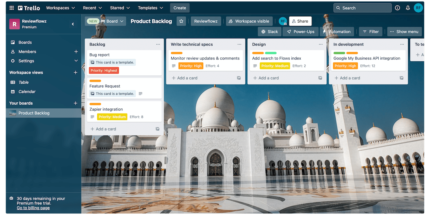 Un tableau Trello et ses colonnes d'avancement