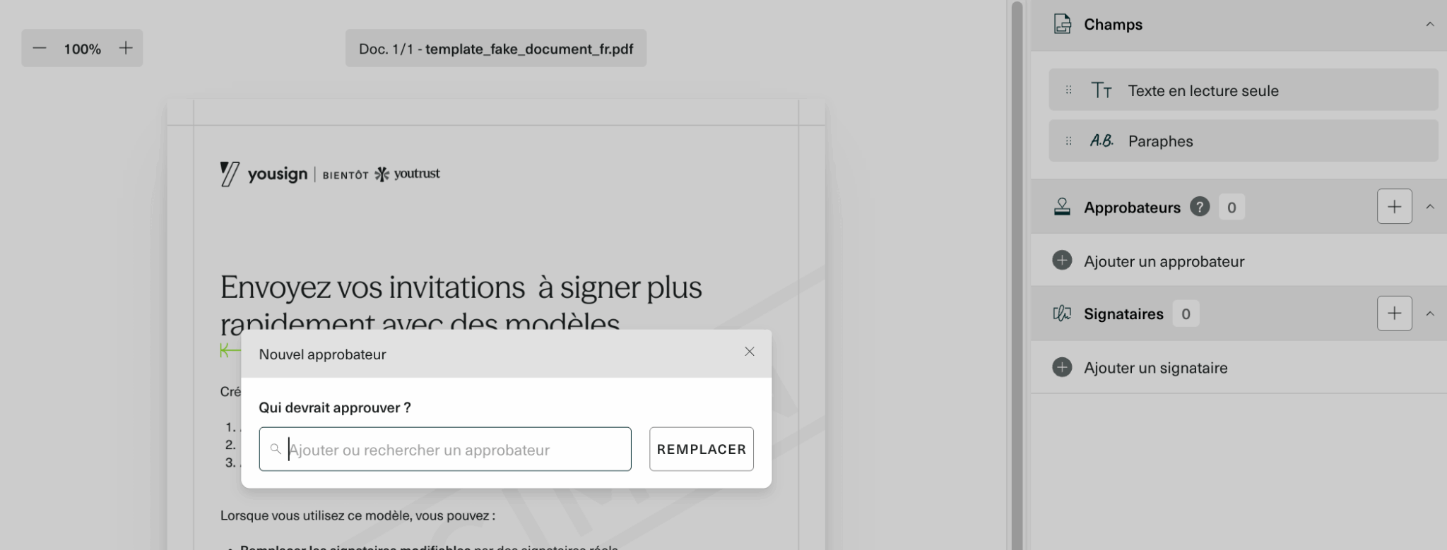 L'ajout d'approbateurs avant l'envoi aux signataires dans Youtrust