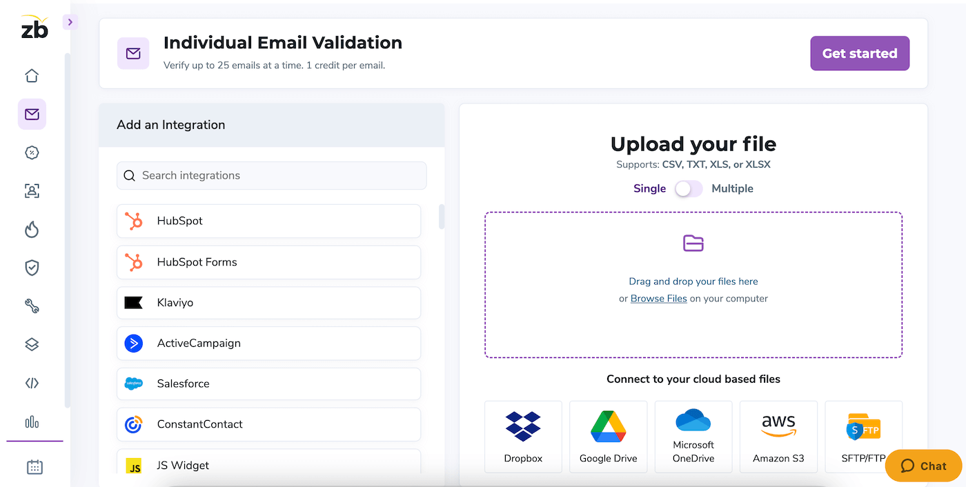 L'écran de validation d'emails de ZeroBounce, avec l'import d'une liste à nettoyer
