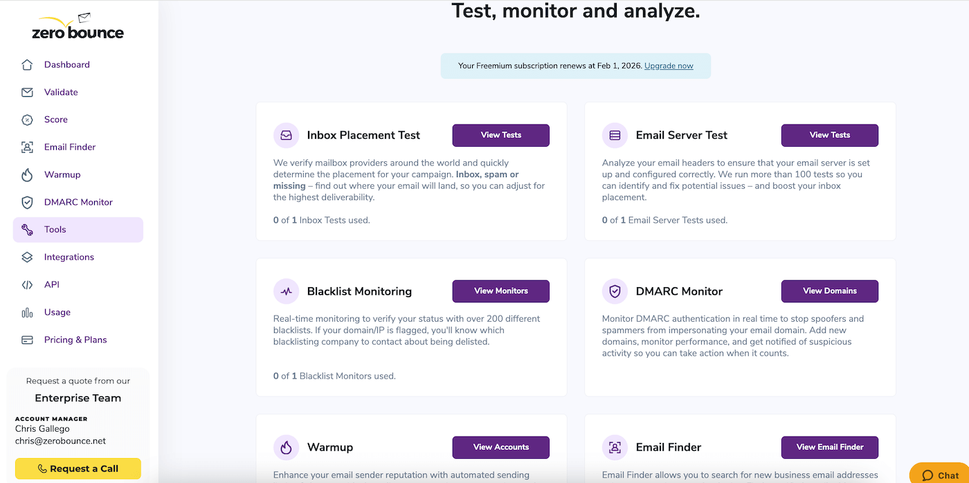La suite d'outils de délivrabilité de ZeroBounce : blacklist monitor, inbox test, DMARC et server test