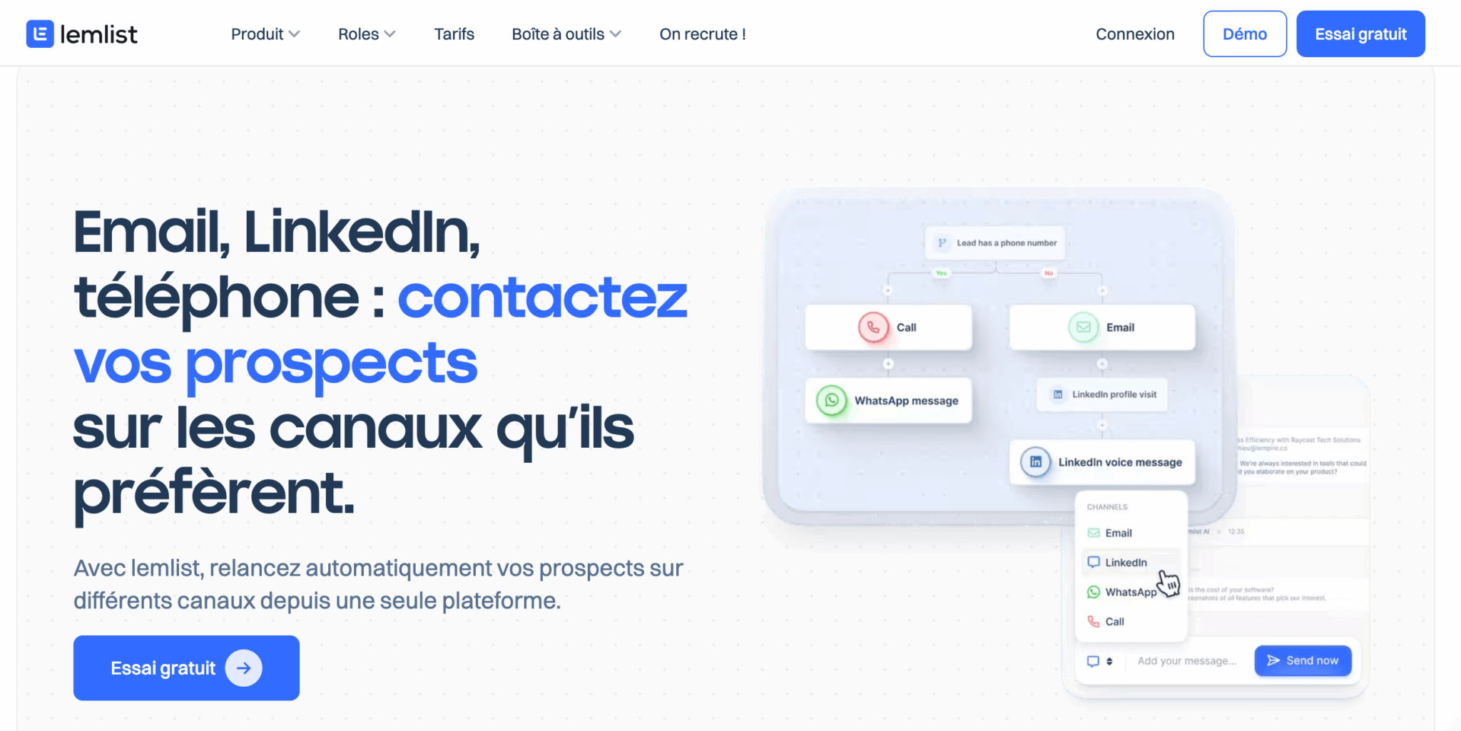 Page d’accueil de lemlist : « Email, LinkedIn, téléphone : contactez vos prospects sur les canaux qu’ils préfèrent », avec un exemple de séquence multicanale