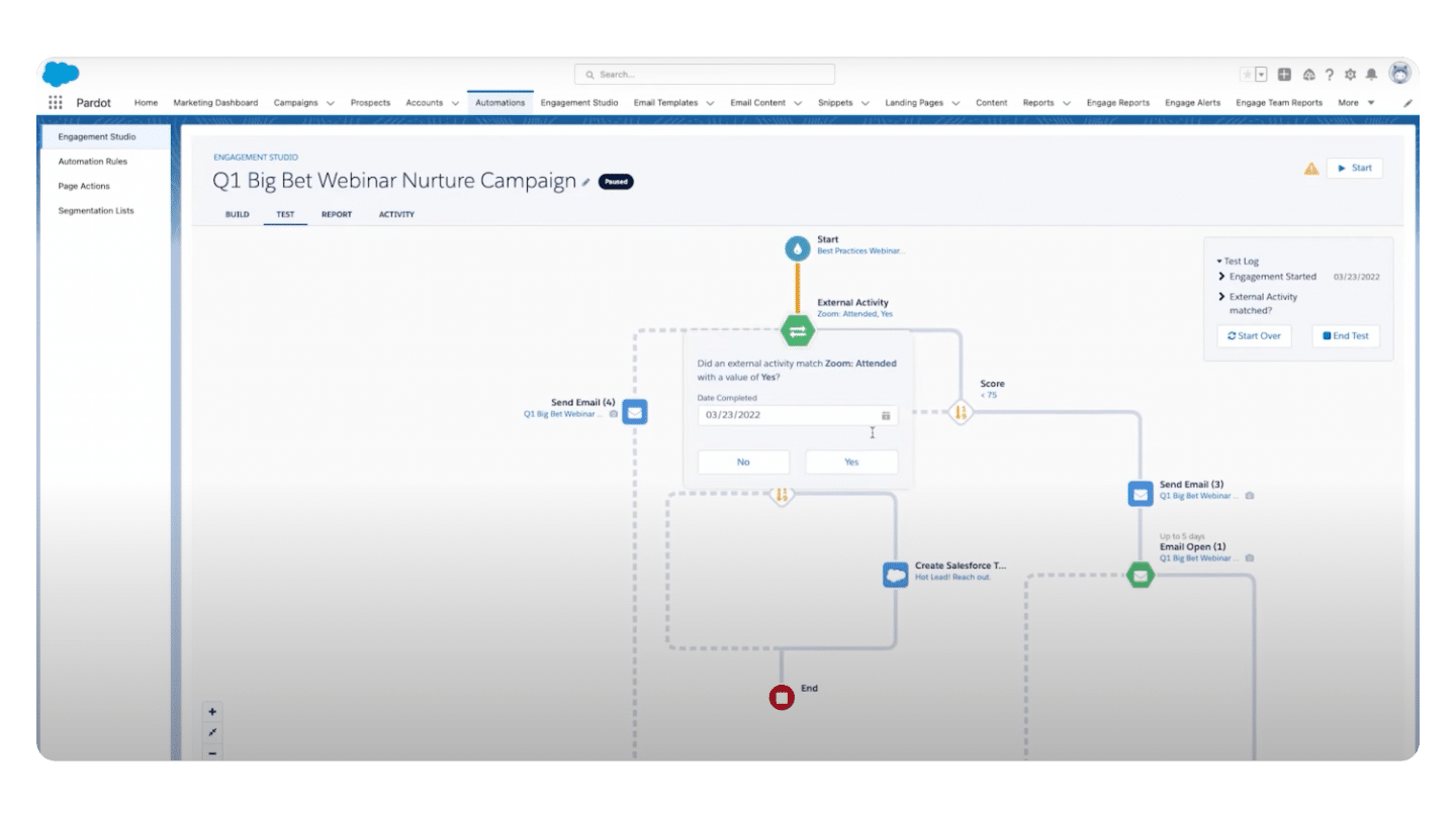 Un scénario de nurturing après un webinaire dans l'Engagement Studio d'Account Engagement (Pardot)