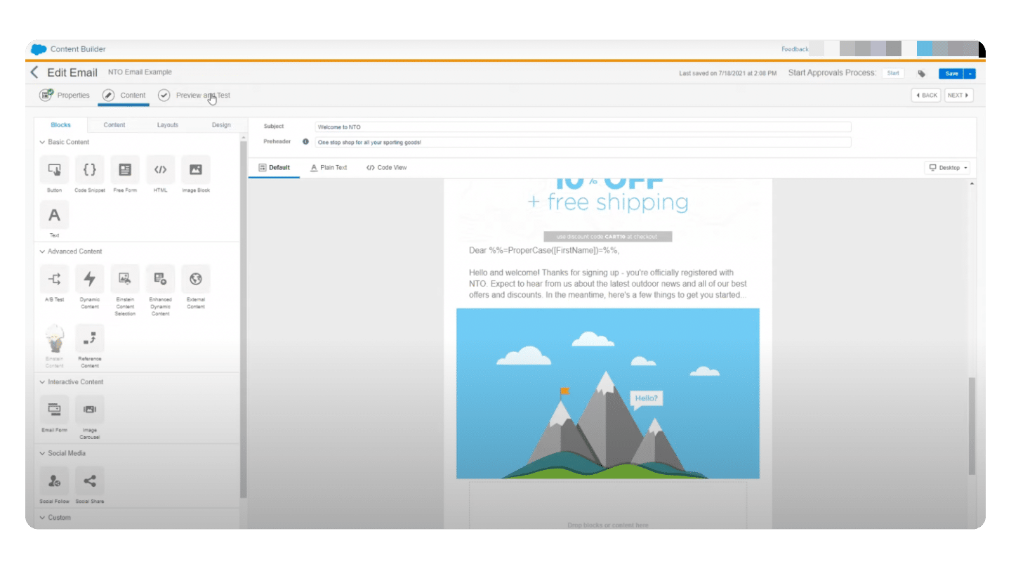 L'éditeur d'emails en glisser-déposer de Salesforce Marketing Cloud, avec la variable de personnalisation du prénom