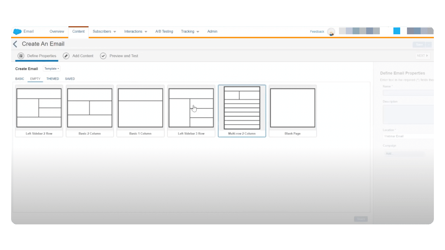 Le choix d'une mise en page à la création d'un email dans l'Email Studio
