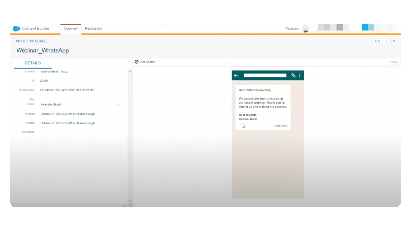 L'aperçu d'un message WhatsApp personnalisé dans le Mobile Studio de Salesforce Marketing Cloud