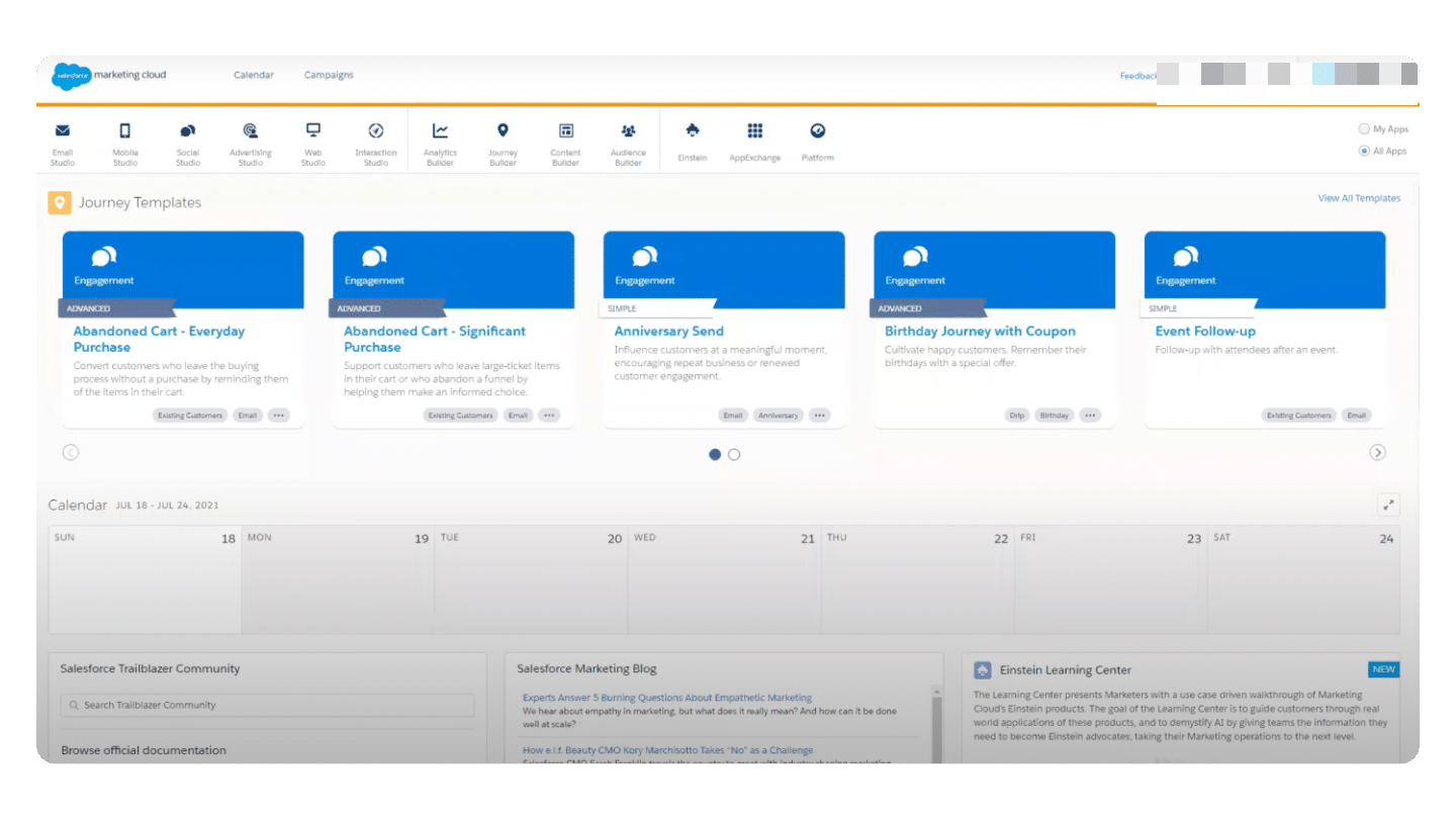 L'écran d'accueil de Salesforce Marketing Cloud, avec ses studios, ses modèles de parcours et le calendrier des campagnes